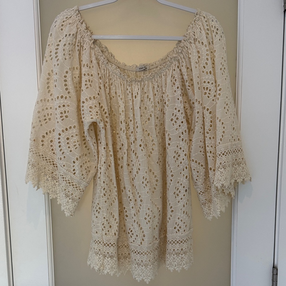 Women's Cream Eyelet Off-Shoulder Top - Lace Trim